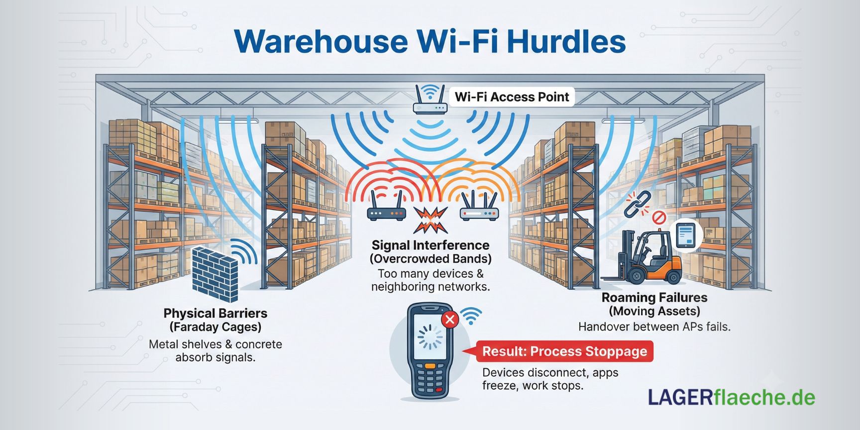 Infographic illustrating warehouse Wi-Fi challenges: physical signal barriers (Faraday cages), signal interference, and roaming failures of mobile devices causing process stoppages in logistics centers.